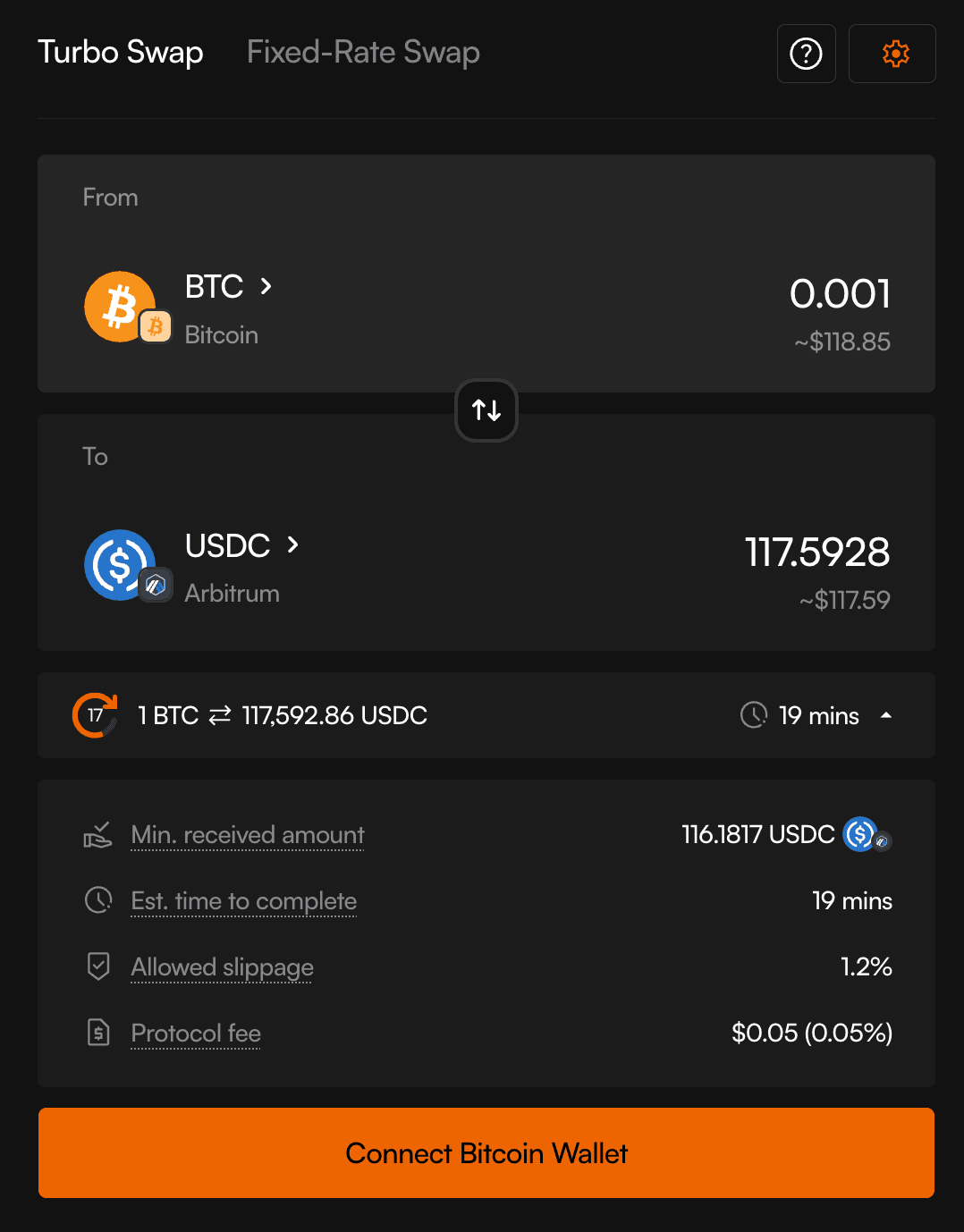 Optimex UI Screenshot Swap BTC across chains on Optimex, powered by Across.